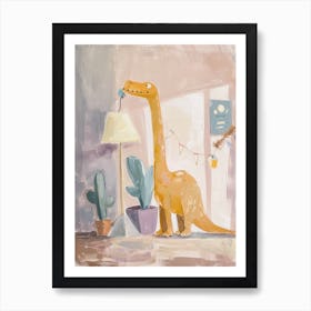 Dinosaur Cleaning The House With A Feather Duster Art Print