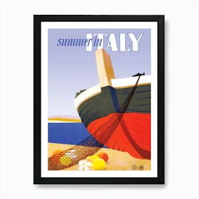 Summer In Italy, Fishing Boat On The Coast Art Print
