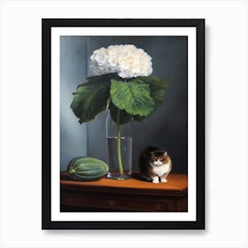 Painting Of A Still Life Of A Hydrangea With A Cat, Realism 4 Art Print