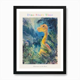 Dinosaur In The Rain Watercolour Illustration 1 Poster Art Print
