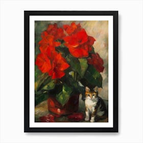 Flower Vase Poinsettia With A Cat 1 Impressionism, Cezanne Style Art Print