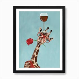 Giraffe With Wineglass Mint & Brown Art Print