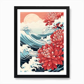 Great Wave With Dahlia Flower Drawing In The Style Of Ukiyo E 2 Art Print