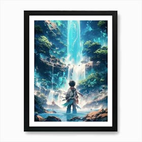 Boy In Front Of A Waterfall Art Print