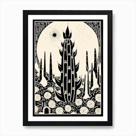 B&W Cactus Illustration Ladyfinger Cactus 4 Art Print