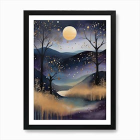 Cosmic Fall Night،
An ethereal boho painting that captures the beauty of a fall night sky. The background is a deep navy, speckled with tiny stars, while the foreground features silhouettes of autumn trees in shades of charcoal and dark olive. The moon is painted in a glowing silver, surrounded by soft wisps of mist in pale gold and lavender.
.1 Art Print