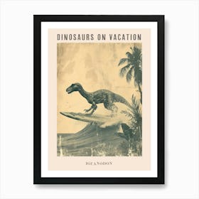 Vintage Iguanodon Dinosaur On A Surf Board 3 Poster Art Print