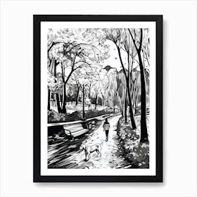 Drawing Of A Dog In Parque Del Retiro Gardens, Spain In The Style Of Black And White Colouring Pages Line Art 03 Art Print