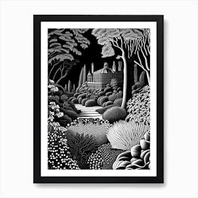 Alnwick Garden, United Kingdom Linocut Black And White Vintage Art Print