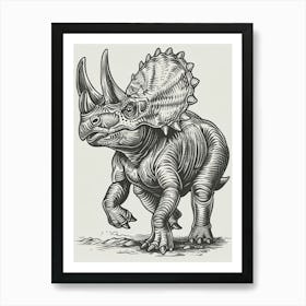 Triceratops Black & White Dinosaur Illustration Art Print