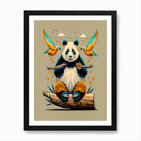 Panda Bear With Birds Art Print