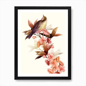 Bird On An Orchid Branch Watercolor Art Print