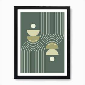 Mid Century Modern Geometric, Sun, Moon Phases, Rainbow Abstract in Forest Sage Green 1 Art Print