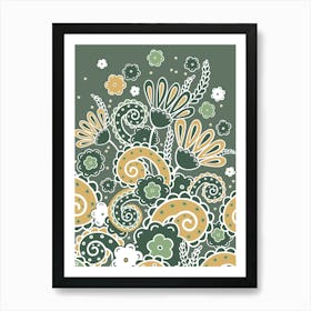 Doodles, Spring Garden, Khaki and orange version Art Print