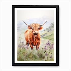 Cloudy Highland Cow In A Wildflower Field Art Print