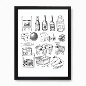 Groceries Collection Black And White Line Art Art Print