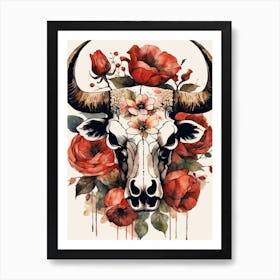Vintage Boho Bull Skull Flowers Painting (37) Art Print