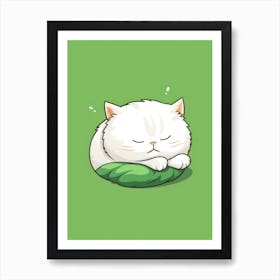 White Cat Sleeping On Green Leaf Art Print