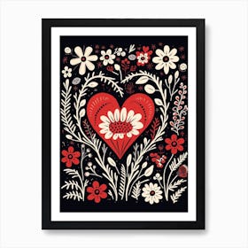 Folky Red & Black Heart Pattern 2 Art Print