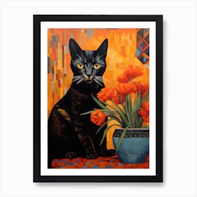 Black Cat With Orange Flowers Art Print