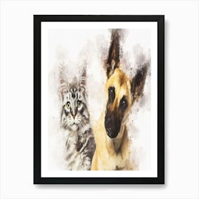 Belgian Shepherd Dog And A Cat Art Print