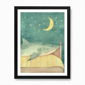 Pastel Blue Sleepy Shark With Moon Illustration 2 Art Print