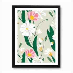 Bouquet Of Spring Flowers Including Tulips White Roses And Daisies Set Against A Botanical Garden (1) Art Print