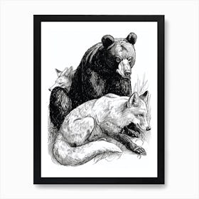 Malayan Sun Bear And A Fox Ink Illustration 4 Art Print