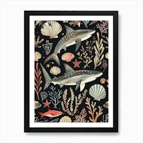 Smallscale Cookiecutter Shark Seascape Black Background Illustration 1 Art Print