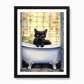 Black Cat In Bathtub Botanical Bathroom 3 Art Print