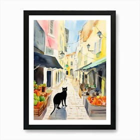 Food Market With Cats In Lisbon 4 Watercolour Art Print