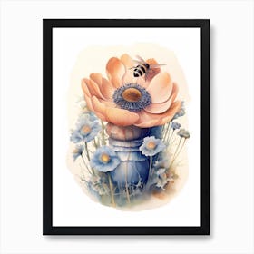 Beehive With Anemone Flower Watercolour Illustration 2 Art Print