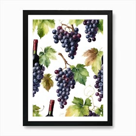 Vines,Black Grapes And Wine Bottles Painting (25) Art Print