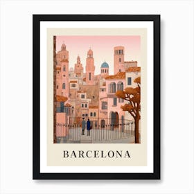 Barcelona Spain 2 Vintage Pink Travel Illustration Poster Art Print