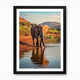 African Elephant Drinking Water Realistic 1 Art Print