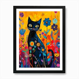 Black Cat In Flowers 1 Art Print