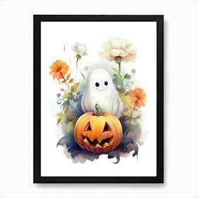 Cute Ghost With Pumpkins Halloween Watercolour 15 Art Print