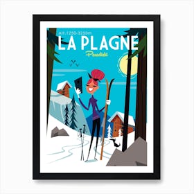 La Plagne Ski Poster Blue & White Art Print