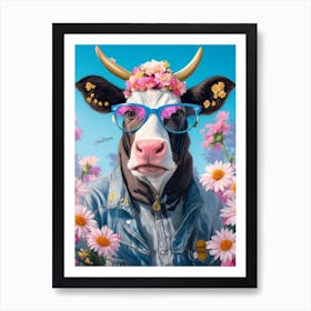 Funny Cow Wearing Cool Jackets And Glasses Art Print