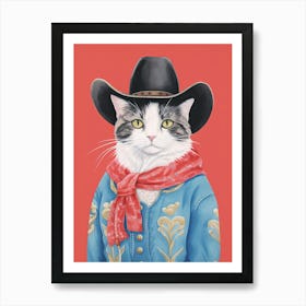 Cowboy Black And White Cat Quirky Western Print Pet Decor 3 Art Print