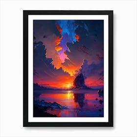 Purple and Red Sunset Clouds and Lake Art Print