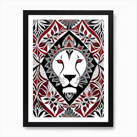 African Quilting Inspired Art of Lion Folk Art, Poetic Red, Black and white Art, 1209 Art Print