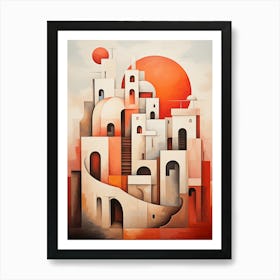 Abstract City. Leaving room print art. Red and beige colors Art Print