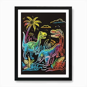 Neon Dinosaur Lines In The Leaves 2 Art Print