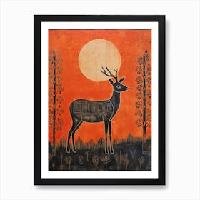Deer, Woodblock Animal  Drawing 4 Art Print