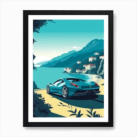 A Ferrari 458 Italia In Amalfi Coast, Italy, Car Illustration 4 Art Print