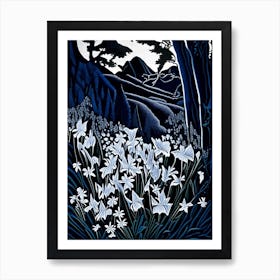 Mountain Bluebells Wildflower Linocut 1 Art Print