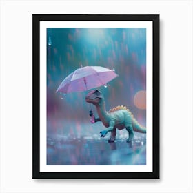 Toy Dinosaur Walking Through The Rain With An Umbrella 1 Art Print