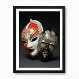 Noh Masks Japanese Style Illustration 3 Art Print