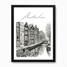 Amsterdam Canals, Black And White Illustration Art Print